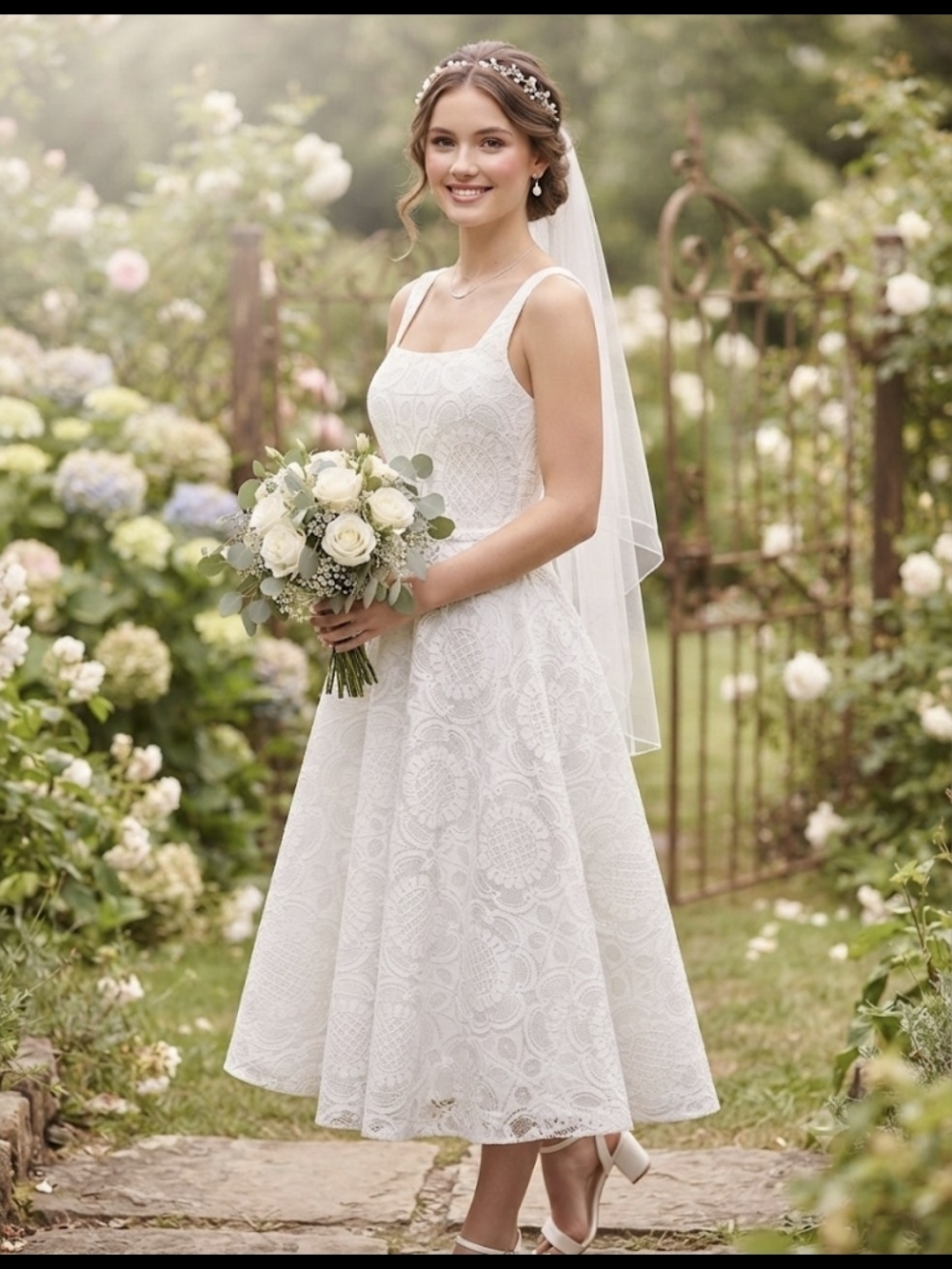 Ivory Lace Tea-Length Wedding Dress with Square Neckline